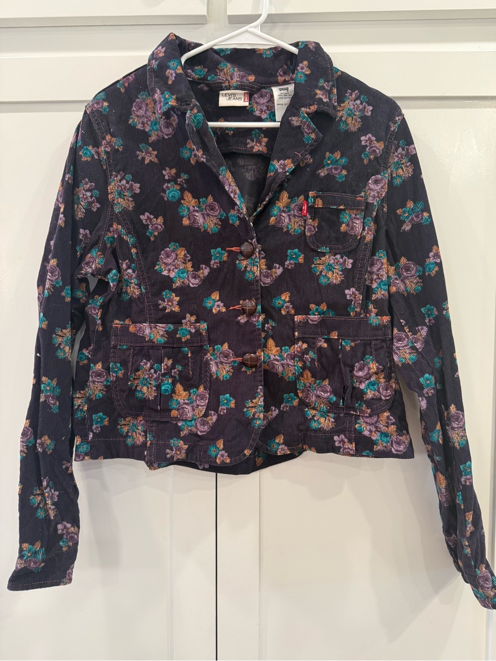 Levi’s Floral Corduroy Jacket Large Peplum Belted Back Wood button Cottagecore